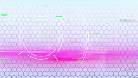 Animation-of-hud-processing-on-blue-hexagon-patterned-digital-interface-with-glitch