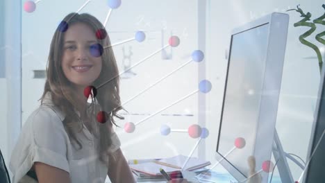 Animation-of-dna-strand-over-caucasian-woman-using-computer
