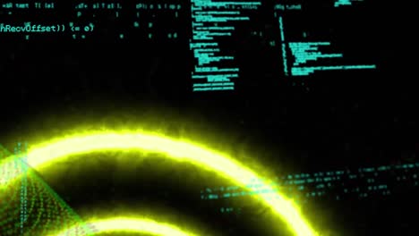 Animation-of-neon-waves-and-circle-over-data-processing-on-black-background