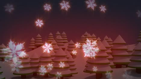 Animation-of-3d-snowflakes-moving-against-snow-covered-christmas-trees