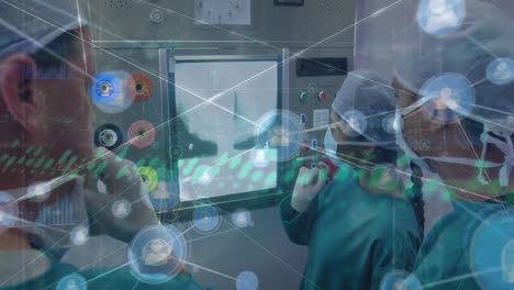 Animation-of-network-of-connections-over-diverse-surgeons-looking-at-x-ray-photo