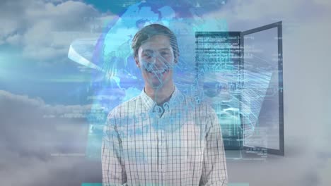Animation-of-globe,-5g-data-processing-over-smiling-caucasian-man-against-clouds