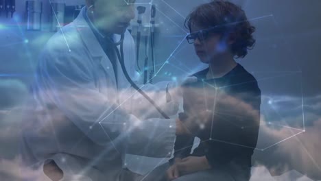 Clouds-sky-and-dots-connecting-with-lines-moving-over-asian-doctor-examining-boy-with-stethoscope