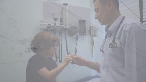 Animation-of-dots-connecting-with-lines-over-asian-doctor-showing-thermometer-to-boy-in-hospital