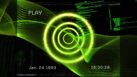 Animation-Von-Videoband,-Neonwellen-Und-Kreis-über-Der-Datenverarbeitung-Auf-Schwarzem-Hintergrund