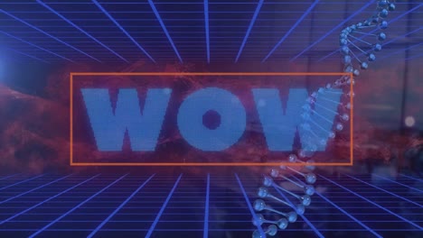 Animation-of-wow-text-with-dna-structure-and-grid-patter-in-background
