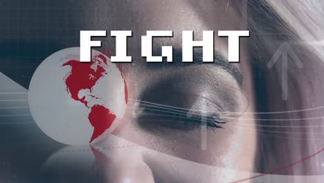 Animation-of-globe-by-fight-text-and-woman-with-eyes-closed