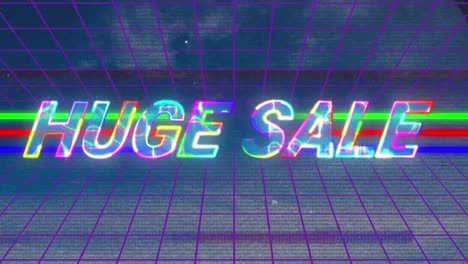 Animation-of-colorful-3d-neon-huge-sale-text-with-grids-on-digital-interface