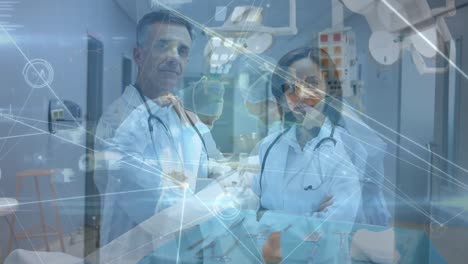 Animation-of-connections-over-diverse-doctors-looking-at-camera
