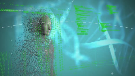Animation-Der-Explosion-Digitaler-Menschen,-DNA-Moleküle,-Programmiersprache-Auf-Blauem-Hintergrund