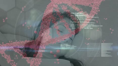 Animation-of-caucasian-woman-sleeping-with-nucleotides,-programming-language-and-dna-molecule