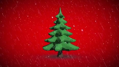 Animation-of-snow-over-christmas-tree-on-red-background