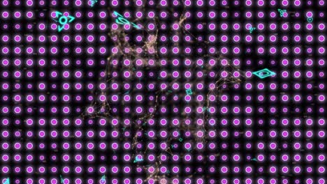 Animation-of-pink-glowing-circles,-flying-lines,-icons-and-abstract-pattern-over-black-background