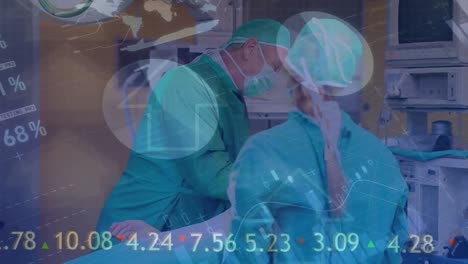 Animation-Der-Medizinischen-Datenverarbeitung-über-Kaukasische-Chirurgen,-Die-Patienten-Im-Krankenhaus-Operieren