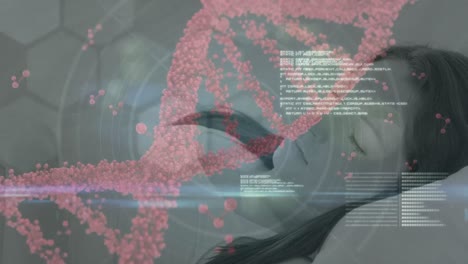 Animation-of-data-processing-with-dna-strand-over-caucasian-woman-sleeping