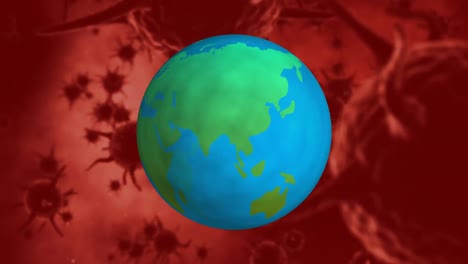 Animation-Eines-Blauen-Globus,-Der-Sich-über-Biologischen-Zellen-Dreht,-Die-Auf-Braunem-Hintergrund-Schweben