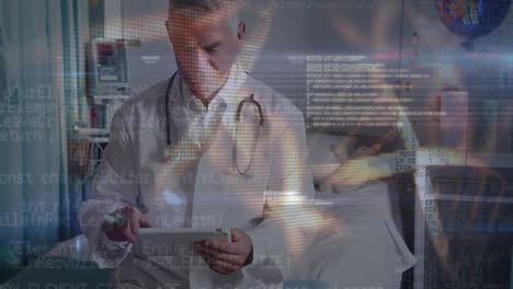 Animation-of-data-processing-over-caucasian-senior-male-doctor-with-tablet