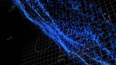 Animation-of-math-formulas-and-blue-glitter-on-black-background