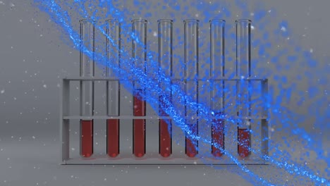 Animation-Von-Fallendem-Schnee-Und-Lichtflecken-über-Reagenzgläsern-Auf-Weißem-Hintergrund