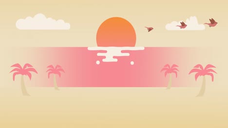 Animation-of-sun-over-water,-palm-trees-and-clouds-on-beige-background