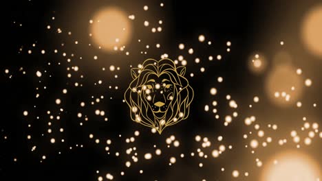 Animation-of-lion-head-vector-of-leo-zodiac-sign-against-illuminated-particles-and-lens-flares