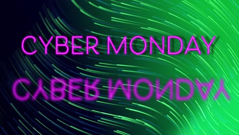 Animation-of-cyber-monday-sale-over-black-and-green-background-with-waves
