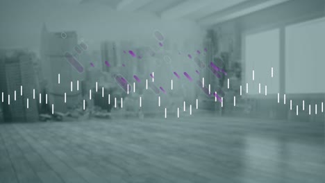 Animation-of-financial-graphs-and-purple-shapes-over-empty-hall