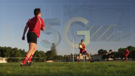 Animation-of-5g-over-diverse-male-soccer-players-during-training