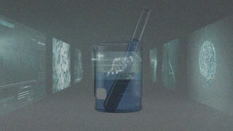 Animation-Des-Gehirns-über-Flüssigkeit,-Die-In-Einen-Glasbehälter-Fließt