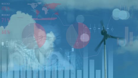 Animation-of-graphs-and-data-over-wind-turbine-and-caucasian-man-working
