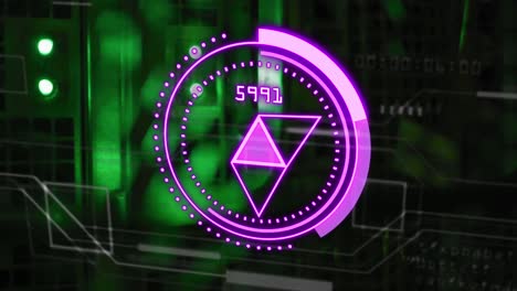 Animation-of-purple-circle-with-numbers-over-green-digital-screen