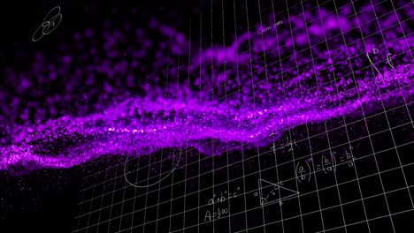 Animation-of-math-formulas-and-purple-glitter-on-black-background
