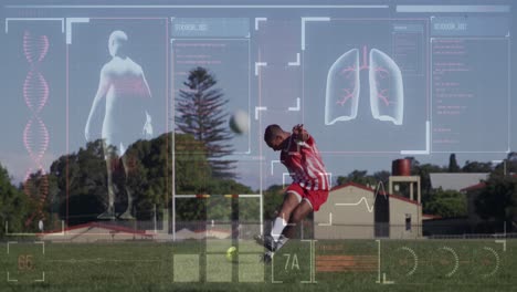 Animation-of-screen-with-biological-data-over-biracial-male-soccer-player-during-training