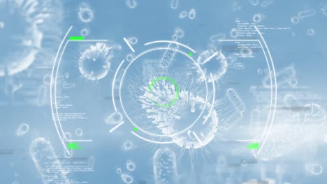Animation-Von-Viruszellen,-Glitch-Und-Sucher-Und-Blauem-Raum