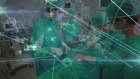 Animation-Verbundener-Netzwerk--Und-Medizinischer-Daten-über-Kaukasische-Chirurgen,-Die-Patienten-Operieren