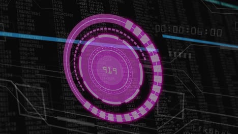 Animation-of-purple-circle-with-numbers-black-digital-screen-with-math-formulas