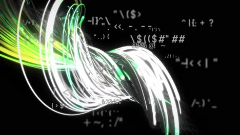 Animation-of-wavy-lights-and-math-symbols-on-black-background