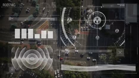 Animation-Der-Grafischen-Infografik-Schnittstelle-über-Luftaufnahme-Von-Fahrzeugen,-Die-Sich-Auf-Der-Straße-In-Der-Stadt-Bewegen