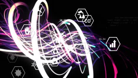 Animation-Von-Wellenförmigen-Lichtern-Und-Öko-Symbolen-Auf-Schwarzem-Hintergrund