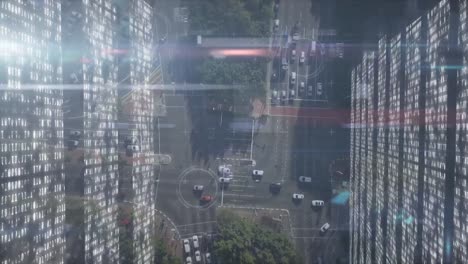 Animation-of-digital-circles-and-illuminated-bar-graphs-over-aerial-view-of-vehicles-on-street