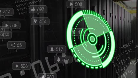 Animation-of-green-circle-with-social-media-reactions-over-servers