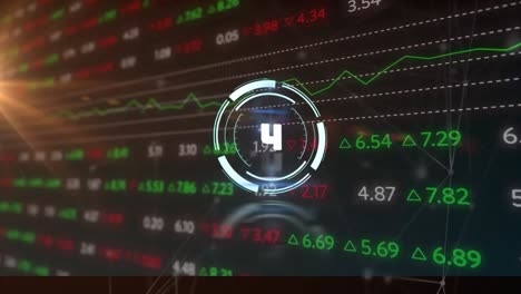 Animation-of-countdown-in-circle-and-lens-glare-over-multicolored-trading-board