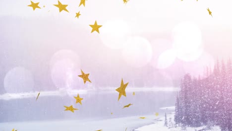 Animation-of-yellow-stars-falling-over-scenic-view-of-calm-lake-in-pine-woodland-against-lens-flare