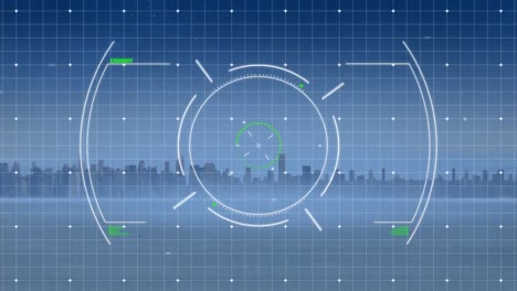Animation-of-circular-scanner-with-grid-pattern-over-river-and-silhouette-skyscrapers-against-sky