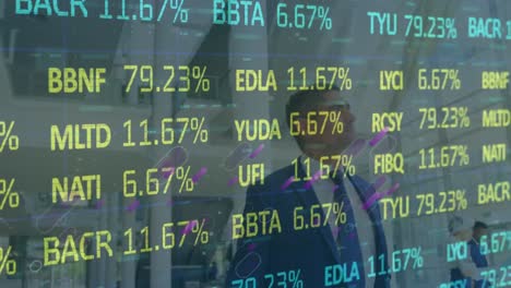 Animation-of-stock-market-and-purple-lines-over-diverse-business-people