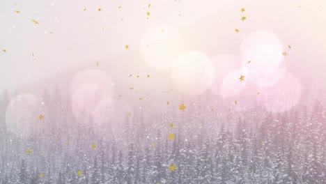 Animation-of-star-shaped-confetti-floating-over-pine-trees-against-lens-flares-during-foggy-weather