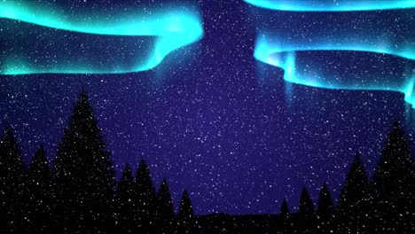 Animation-of-snow-falling-over-trees-fairy-lights-shining-stars-in-night-sky