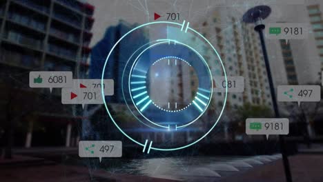 Animation-of-scanning-circle-with-notifications-and-connecting-dots-over-modern-skyscrapers