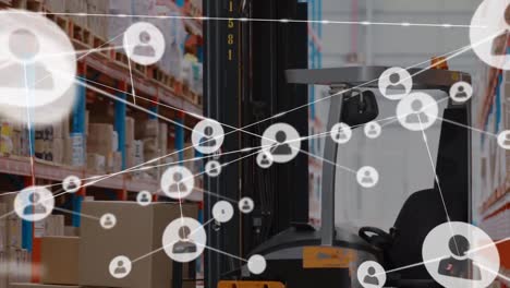 Animation-of-networks-of-connection-with-people-icons-over-forklift-in-warehouse