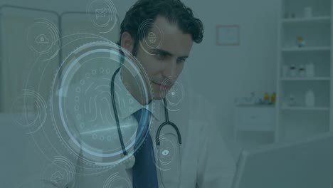 Animation-of-scope-scanning-with-icons-over-caucasian-male-doctor-using-tablet